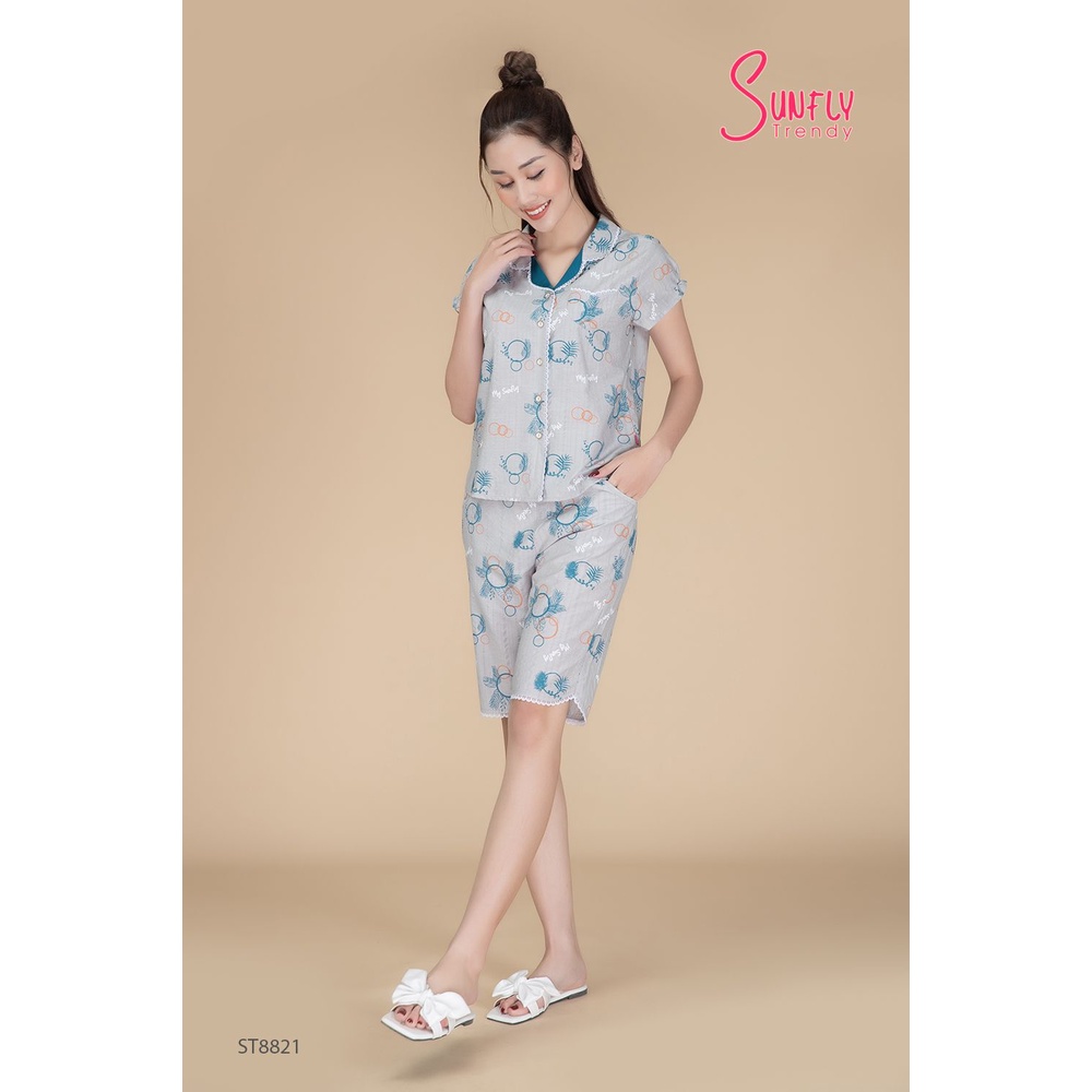ST8821 Bộ đồ mặc nhà nữ pijamas Linen SUNFLY áo cộc tay, quần lửng