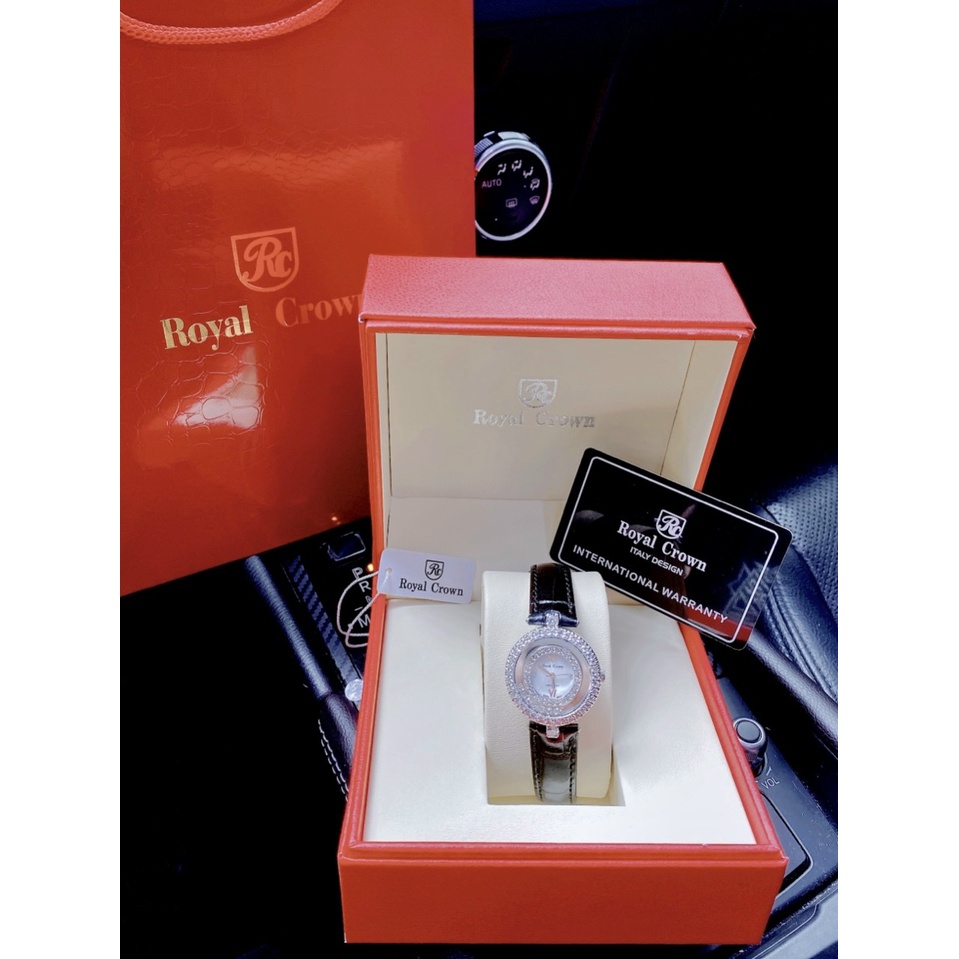 Đồng hồ đeo tay nữ, đồng hồ nữ chính hãng ROYAL CROWN dây da mặt đính kim cương nhân tạo siêu cao cấp, sang chảnh cho nữ
