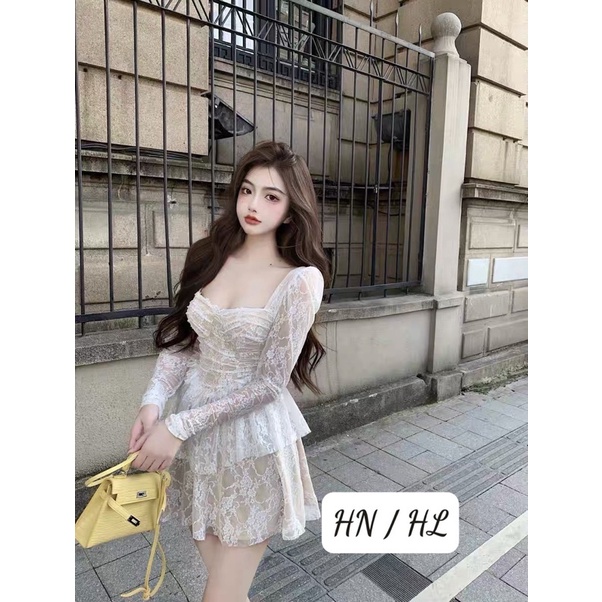 Đầm cúp ngực ren tầng dài tay