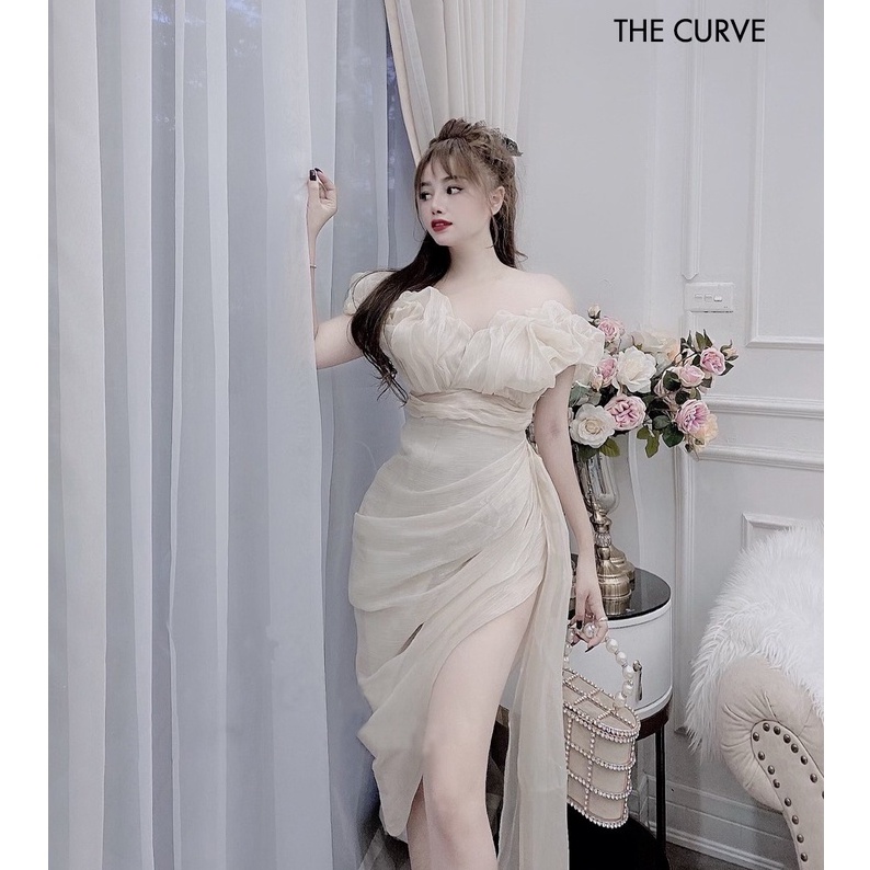 Đầm Dự Tiệc Body Trễ Vai Vải Tơ Organza Ánh Kim Xẻ Tà Nơ Eo, Váy Nữ Thiết Kế Sang Trọng, Kiểu Xoắn Bèo Ngực