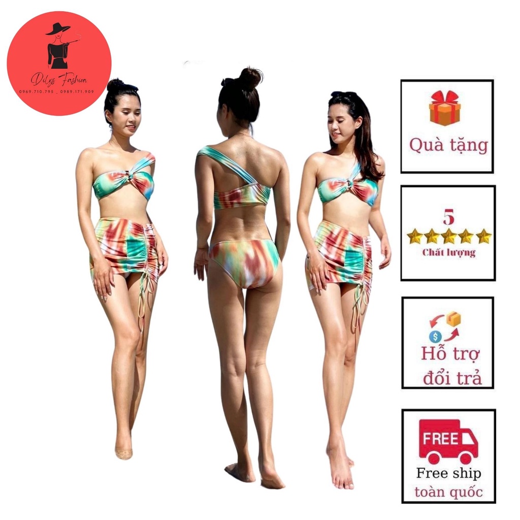 Bikini 3 món đi biển sexy DILYSFASHION ĐB29 ,Bikini đi biển, Đồ bơi nữ loang áo vai lệch kèm chân váy quây khuyến rũ