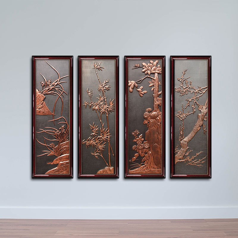 Bộ 4 tranh tứ quý phong cách giả gỗ chạm nổi W822
