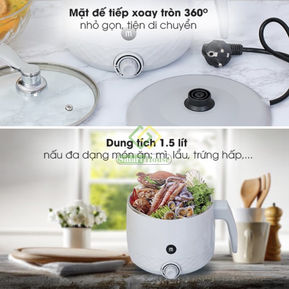 Ca Nấu Mì Nấu Lẩu, Nướng, Hấp,Luộc, Chiên Đa Năng Tiện Lợi Mishio 600W Inox Không Gỉ 304 Giữ Nhiệt Lâu, Bền