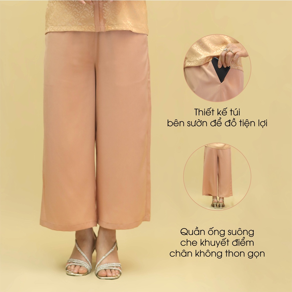 Đồ Bộ Trung Niên Nữ Lụa Họa Tiết Cao Cấp ANCHI B30 Be Vàng, Set Đồ Mặc Nhà Quà Tặng Cho Mẹ