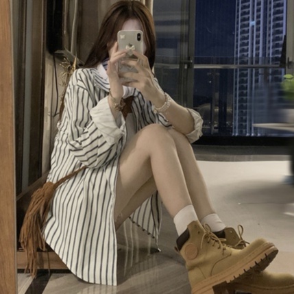 【ZHELIHANGFEI】Áo Sơ Mi Chống Nắng Tay Dài Dáng Rộng Họa Tiết Kẻ Sọc Thời Trang Cho Nữ