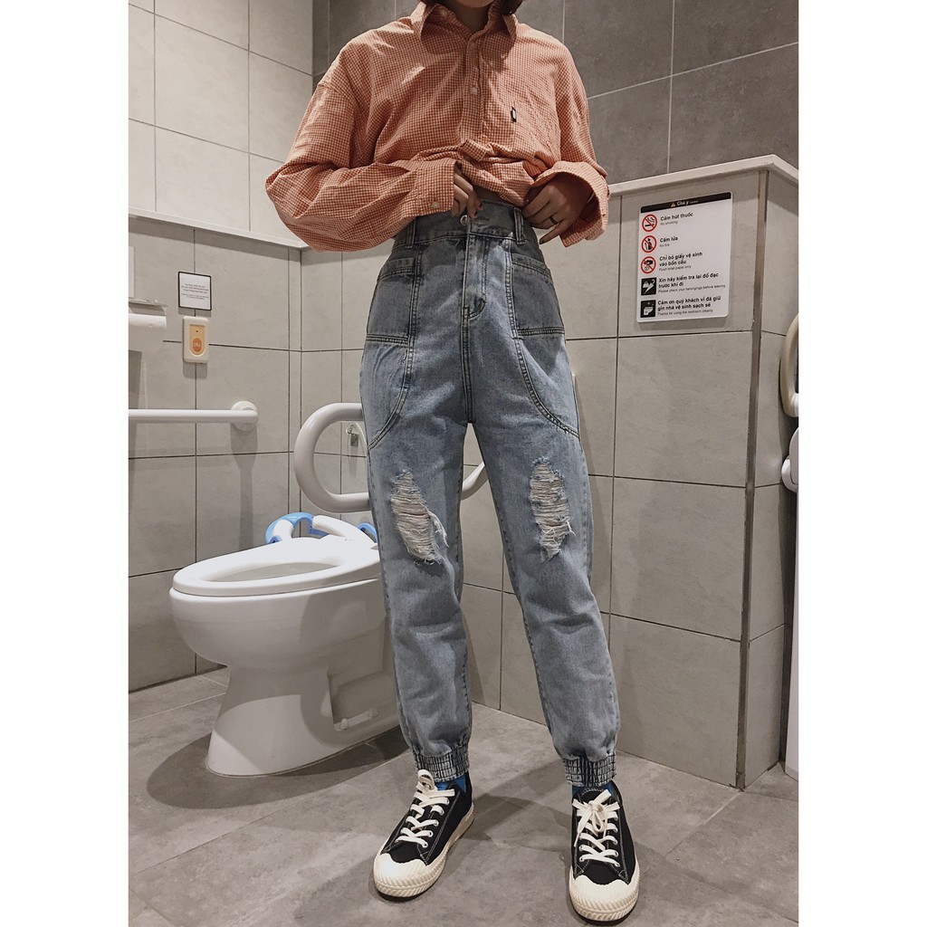 Quần Jeans Nữ Cạp Cao Dáng Jogger Bo Gấu Rách Siêu Hot