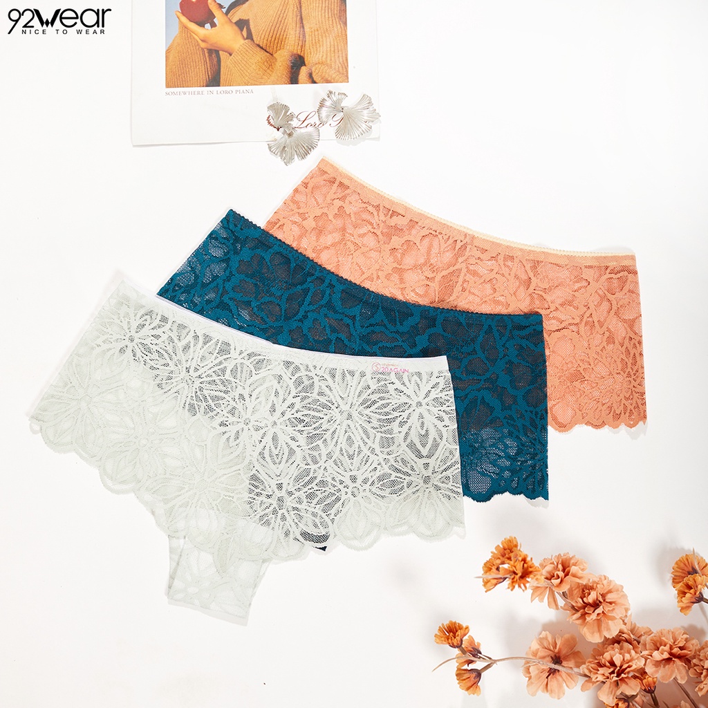Quần lót nữ ren dáng đủi ôm nửa mông 92WEAR vải thun kháng khuẩn, mềm mại, thoáng mát QUA0102