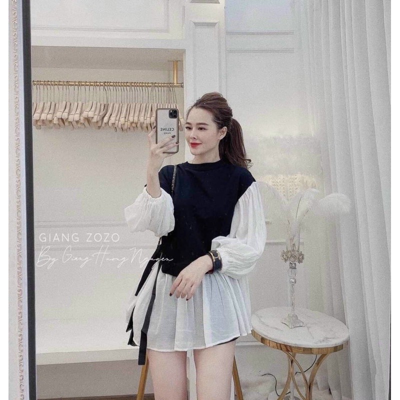Áo babydoll phối gân cột nơ tay dài cổ tròn