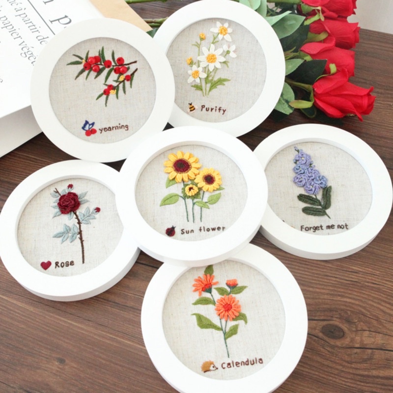 Set Kit DIY tập thêu tay Embroidery flowers hoa Vintage đầy đủ kim chỉ vải thêu thủ công tự làm quà tặng ý nghĩa lenmade