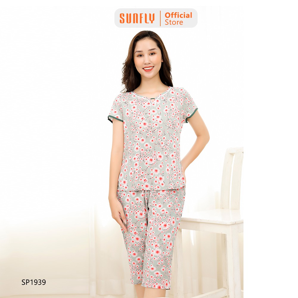 Bộ đồ nữ mặc nhà lanh SUNFLY áo cộc tay, quần ngố SP1939
