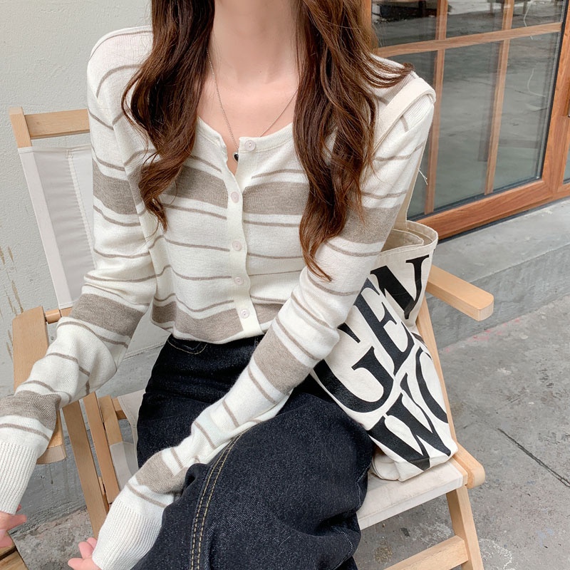 Áo Khoác Cardigan Dệt Kim Tay Dài Họa Tiết Kẻ Sọc Thời Trang Hàn Quốc Cho Nữ