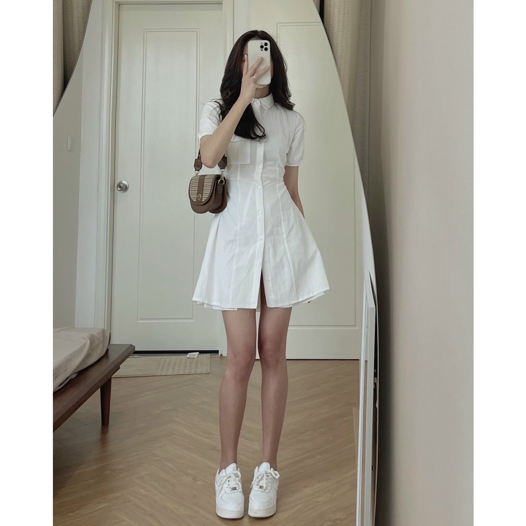 Váy sơ mi trắng hở lưng thắt nơ eo, Đầm sơ mi CUT OUT lưng SOBEH (hàng có sẵn)