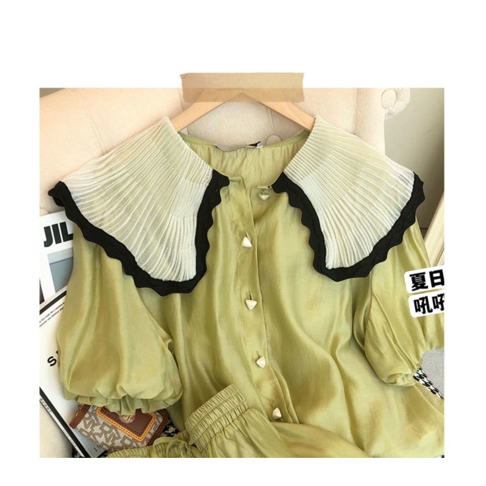 Set áo sơ mi cổ búp bê + quần short ống rộng phong cách phương tây thời trang hè có bán lẻ