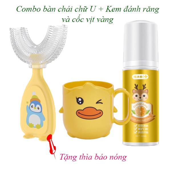 Bộ bàn chải đánh răng cho bé chữ U + cốc vịt + Kem đánh răng tạo bọt hương cam có thể nuốt được ( date 2024)