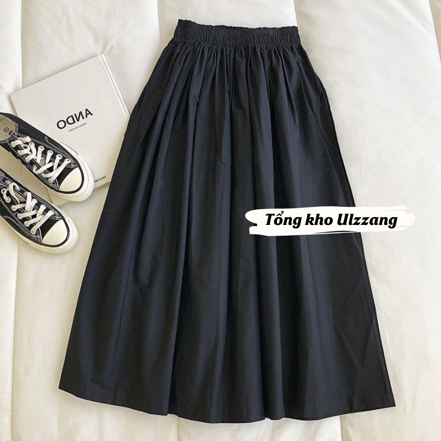 Chân váy thô Hàn dáng midi túi xẻ chân váy xoè 2 lớp dày dặn