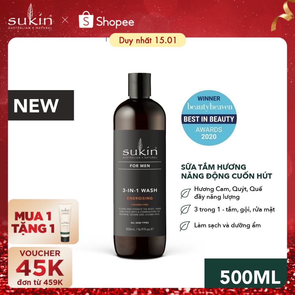 Sữa Tắm Sukin Bổ Sung Năng Lượng 3 trong 1 Dành Cho Nam Sukin For Men 3 - in - 1 Wash Energising 500ml