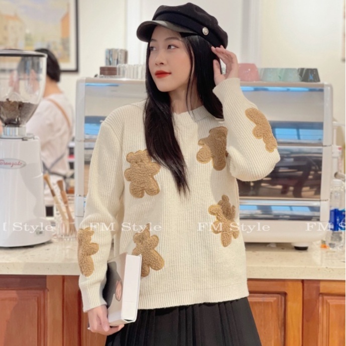 Áo len nữ tay dai Fm Style hoạ tiết Gấu dễ thương phong cách Hàn Quốc thanh lịch 211105012