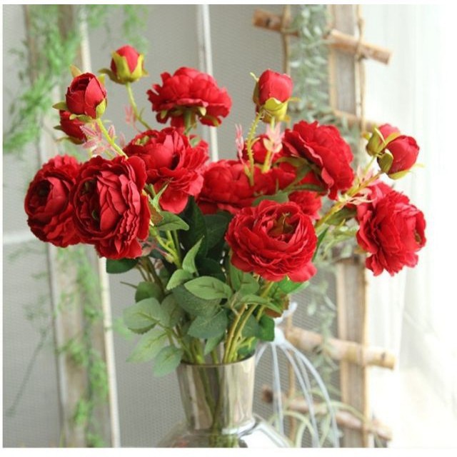 Hoa Lụa Trang Trí FreeShip Hoa Hồng Mẫu Đơn Cao Cấp Cành 2 Bông TTo 8cm 1 Nụ