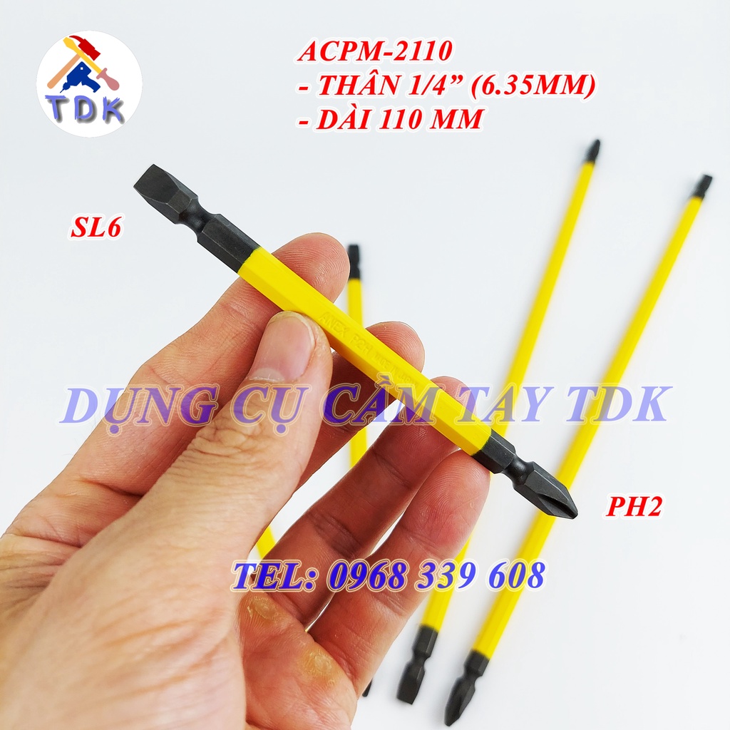Mũi vít 2 đầu Nhật Bản PH2 / -6mm, mũi bắn vít nam châm Anex ACPM