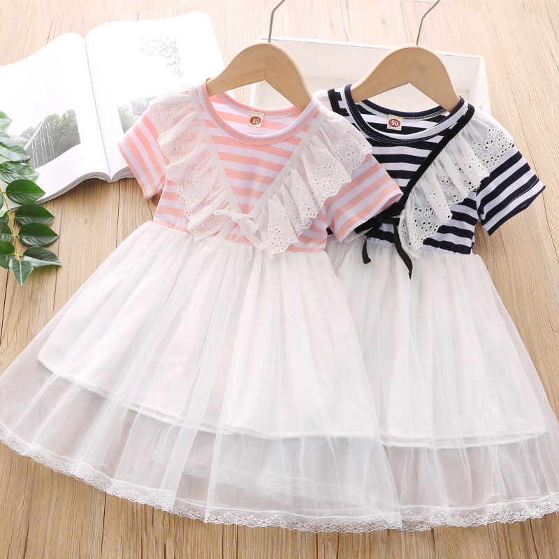 Đầm Chữ A Tay Ngắn Phối Lưới Họa Tiết Kẻ Sọc Thời Trang Mùa Hè Mới Cho Bé Gái