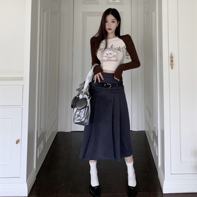 Áo Thun Tay Dài Dáng Ôm Hở Rốn In Họa Tiết Chú Cún Thời Trang Cho Tuổi Teen