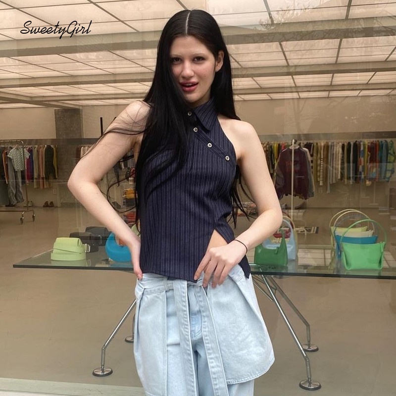 Áo Thun Polo Không Tay Họa Tiết Kẻ Sọc Thời Trang Sành Điệu Cho Nữ