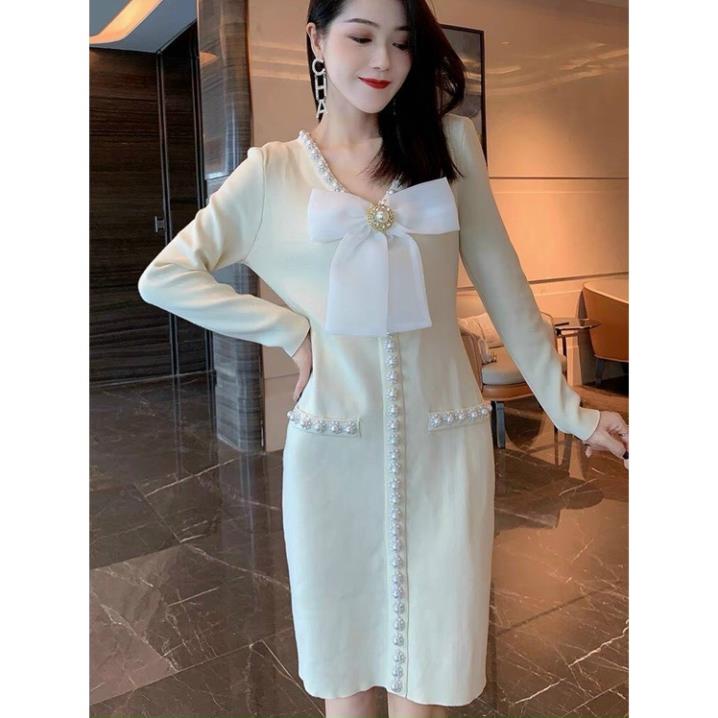 Váy suông dáng dài, váy nữ xinh body đính cúc ngọc kèm nơ trước ngực đầm suông form hàng chuẩn loại 1