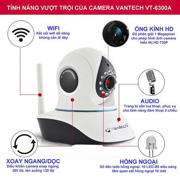 Camera IP Vantech VT-6300A 1.0 Megapixel, 10 IR LEDs, P2P, H.264 Wireless Pan/Tilt IP Camera