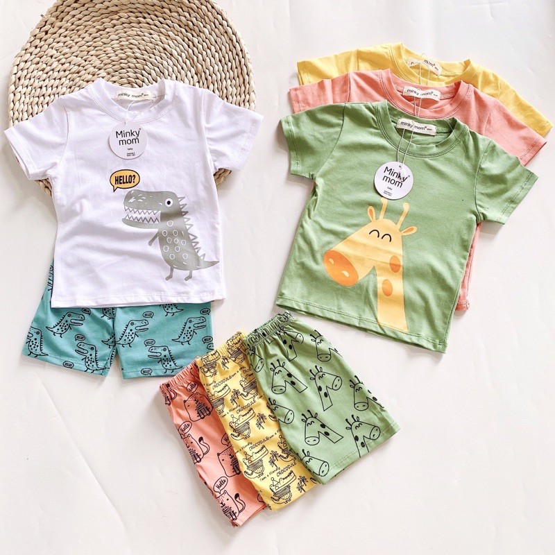 BỘ COTTON IN LỤA MINKYMOM TAY NGẮN QUẦN ĐÙI CHO BÉ HÌNH THÚ SIÊU CƯNG