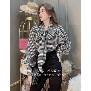 Áo sơmi caro ziczac trắng đen tay phồng thắt nơ cổ to