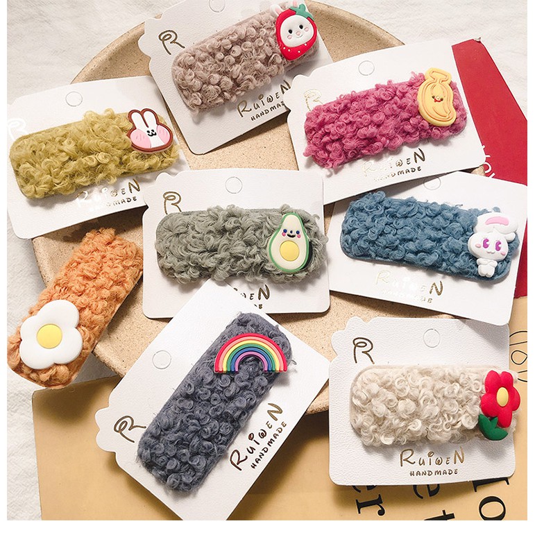 Kẹp tóc lông cừu màu sắc đơn giản phong cách Hàn Quốc cho nữ