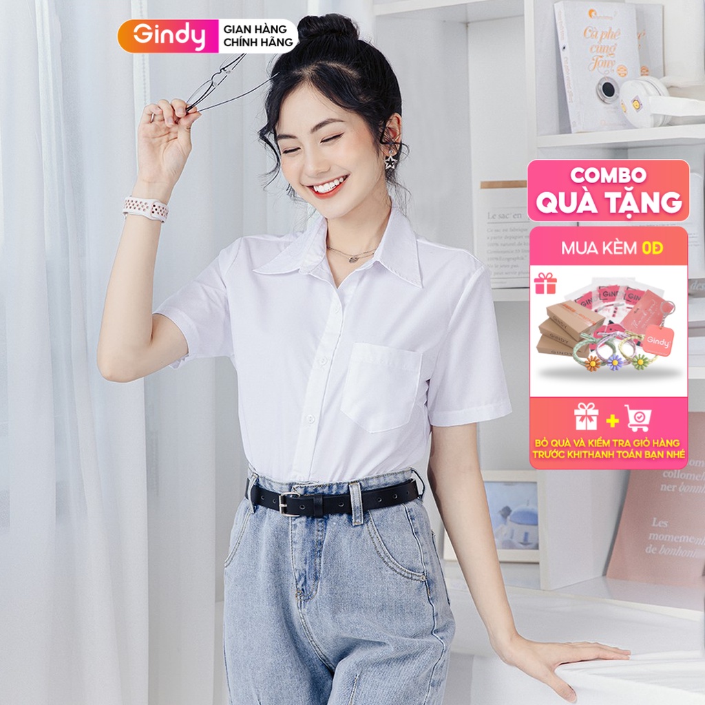 Áo sơ mi nữ cộc tay nữ GINDY tay ngắn có túi form dáng suông vải lụa nano thời trang Hàn Quốc, công sở A5143