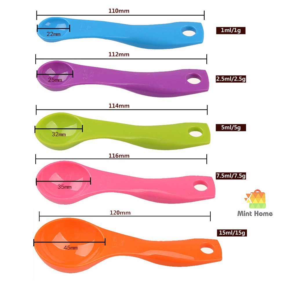 Bộ thìa đong 5 món bằng nhựa an toàn, bộ muỗng đong 5 cái định lượng chính xác cho nhà bếp