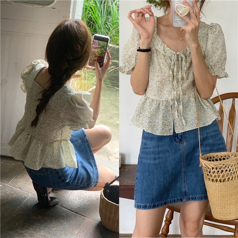 Áo Sơ Mi Nữ Tay Ngắn Xếp Nếp In Hoa Phong Cách Mới Mùa Hè 53217