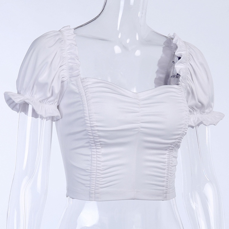 Áo Croptop Cổ Vuông Tay Phồng Ngắn Màu Trơn Phối Bèo Phong Cách Cổ Điển Thời Trang Quyến Rũ Cho Nữ