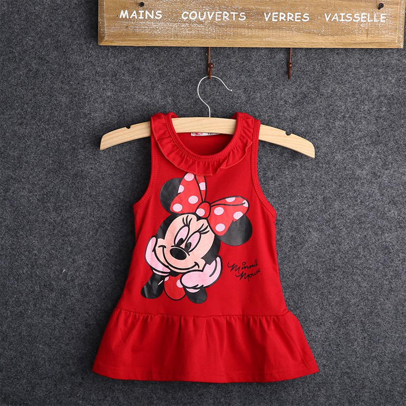 Đầm sát nách in hình chuột Minnie màu hồng/ đỏ cho bé gái