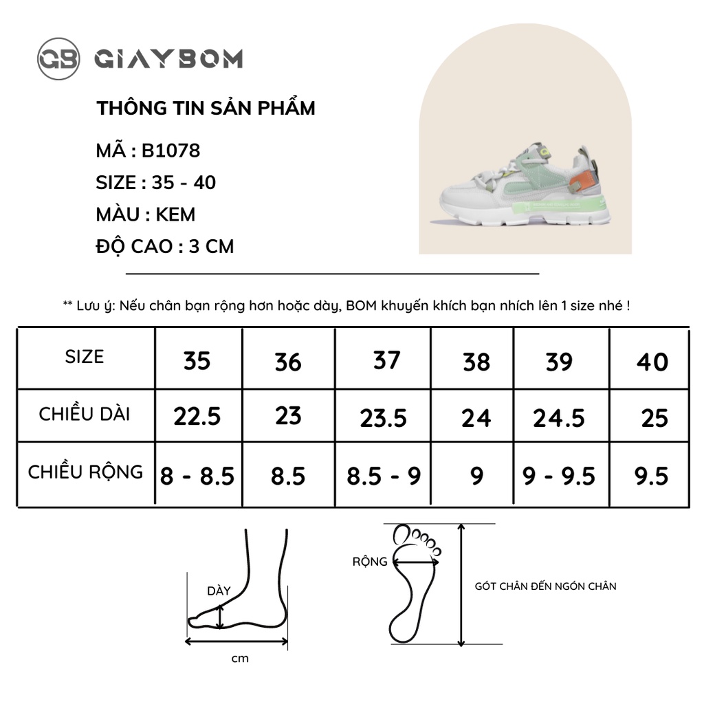 Giày Thể Thao Nữ giayBOM Warriors Thiết Kế Mới Đế Cao 3 cm B1078