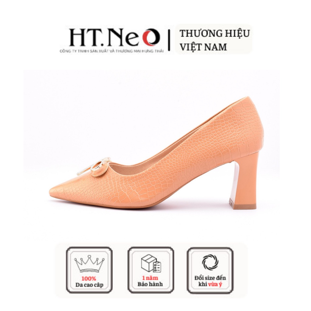 Giày cao gót 5cm HT.NEO Da vân tự nhiên, mũi nhon gót vuông cao 5cm, đính nơ cực xinh CS221