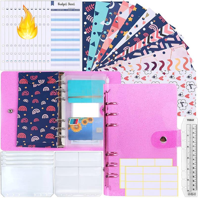 Set 56 phụ kiện ngân sách gồm bìa sổ còng bằng PVC khổ A6+12 tờ ngân sách+nhãn dán+túi đựng