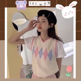 Áo gile len ulzzang hồng be dễ thương dệt kim (order)
