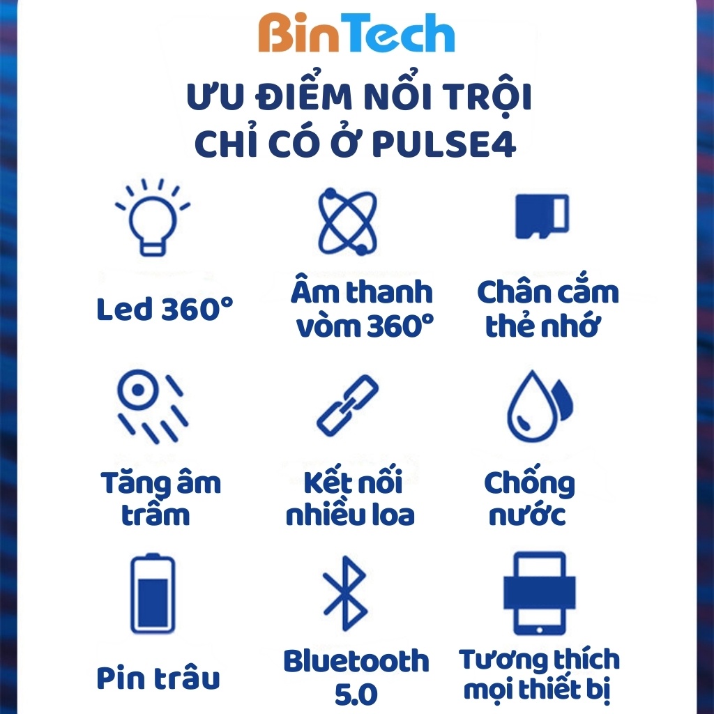 Loa bluetooth mini Pulse 4 BINTECH âm bass căng có dải led đổi màu pin phủng, chống nước