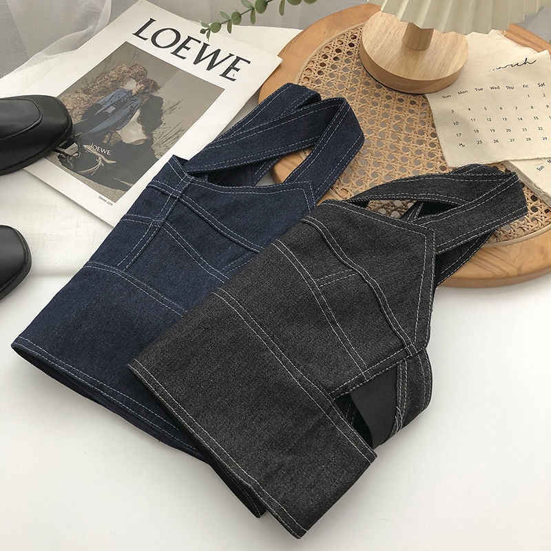 Áo Hai Dây Vải Denim Phong Cách Hàn Quốc Thời Trang Mùa Hè Dễ Phối Đồ