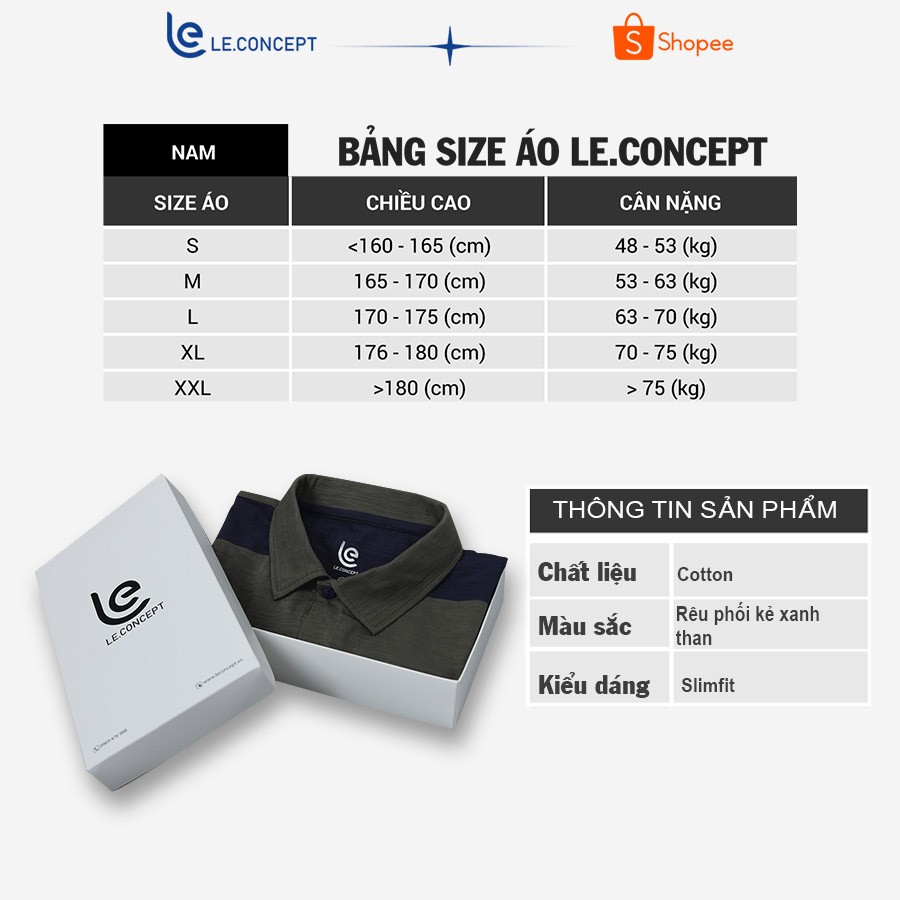 Áo phông nam có cổ màu xanh rêu phối kẻ xanh LE.CONCEPT chất liệu cotton cao cấp 100%, chuẩn form, nam tính | BigBuy360 - bigbuy360.vn