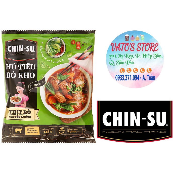 Thùng 15 gói hủ tiếu bò kho Chinsu thịt bò nguyên miếng 145g / Combo 3 gói hủ tiếu bò kho Chinsu thịt bò thật 145g