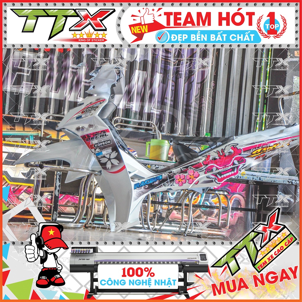 Tem rời sirius đầu lân 110 , Team chế sirius dán xe màu trắng hồng bạc tuyệt đẹp , Shop TTX Tem xe sirius mã (S0013/00)
