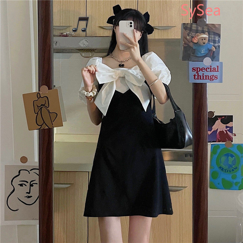 Đầm Ngắn Tay Cổ Vuông Phối Nơ Xinh Xắn Phong Cách Retro Dành Cho Nữ