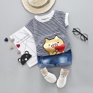 Bộ đồ 2 món gồm áo thun cotton tay ngắn họa tiết kẻ sọc và quần đùi denim thời trang dành cho bé trai và bé gái