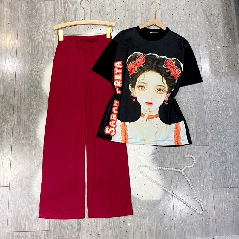 Set áo thun form rộng tay lửng quần gân ống suông dáng dài co giãn thoải mái- clothing for girl