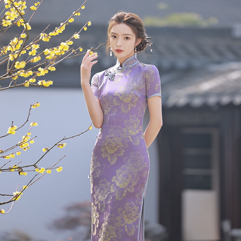 Sườn Xám Cách Tân Màu Tím Phong Cách Trung Hoa Cổ Điển Cao Cấp Cho Nữ