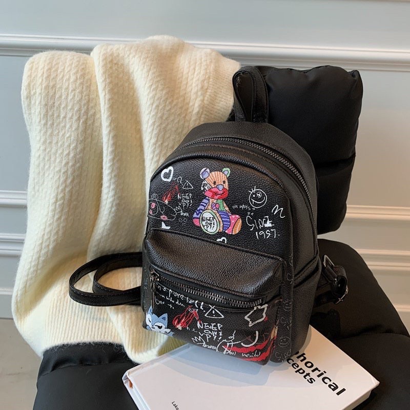 Balo nữ mini đi học đi chơi da pu in hình gấu dễ thương phong cách thời trang hàn quốc